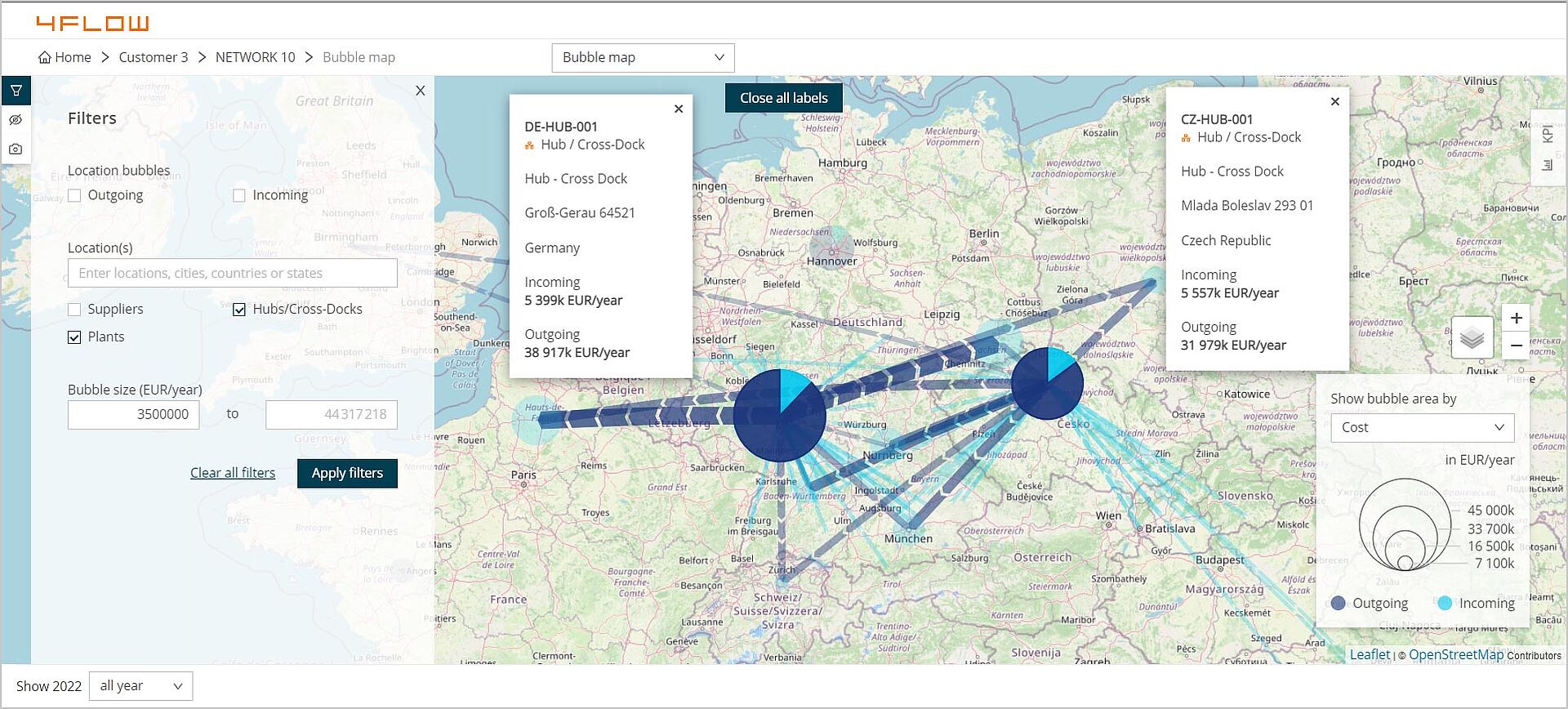 4flow NEVA crée une visualisation de votre chaîne d'approvisionnement et fournit des résultats d'analyse du réseau de la chaîne d'approvisionnement en un temps record.